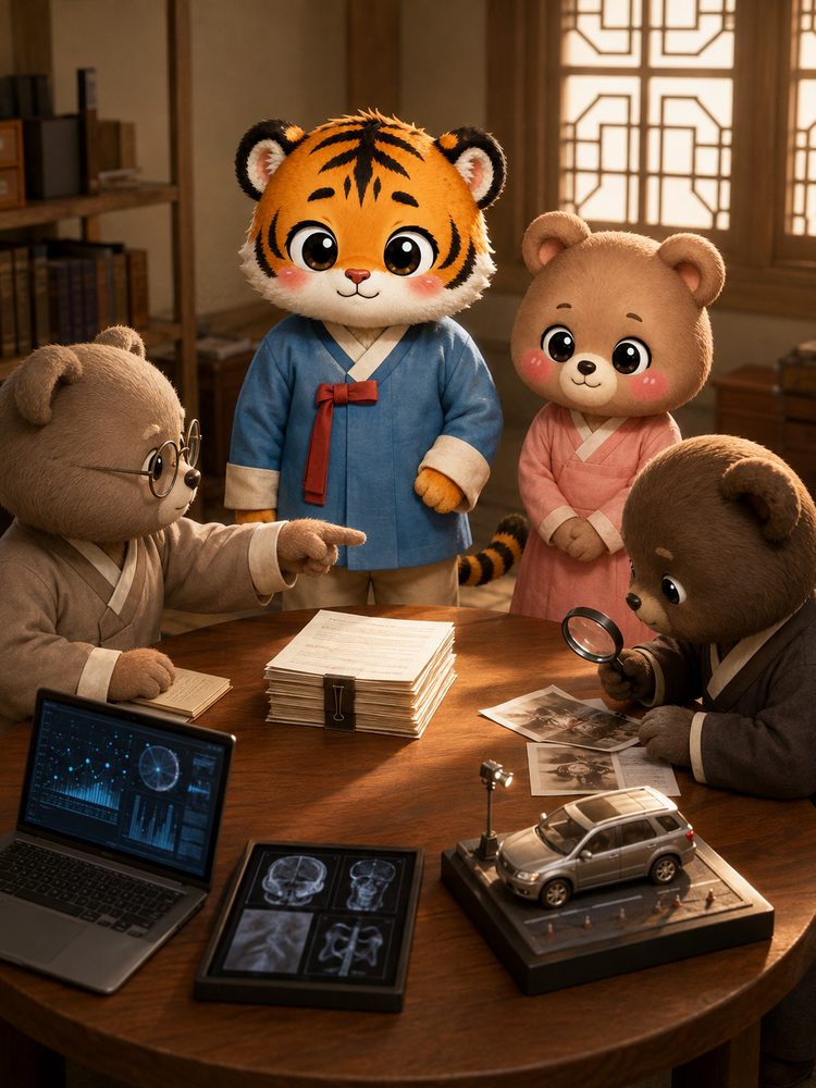 해안가에서 범이가 기록과 두 개의 돋보기를 바라보는 장면