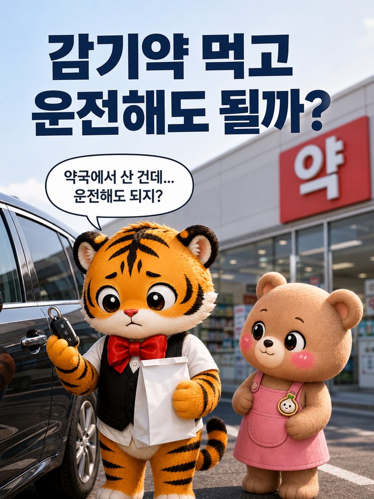 약국 앞에서 감기약과 자동차 키를 들고 고민하는 범이와 웅녀