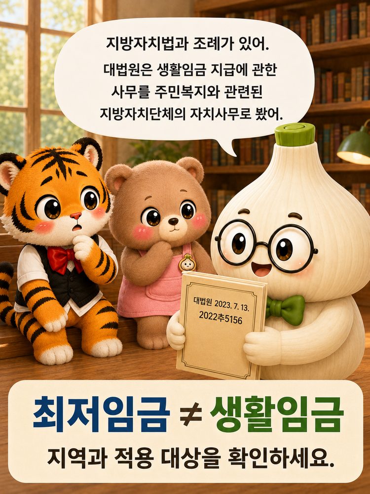 별도의 생활임금법이 없는데 어떻게 운영하는지 묻는 범이와 웅녀