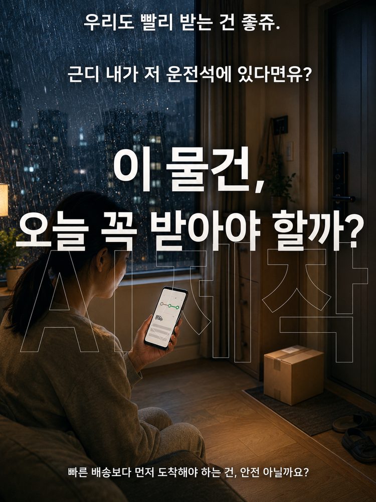 침수된 도로 앞에 멈춰선 배송차량