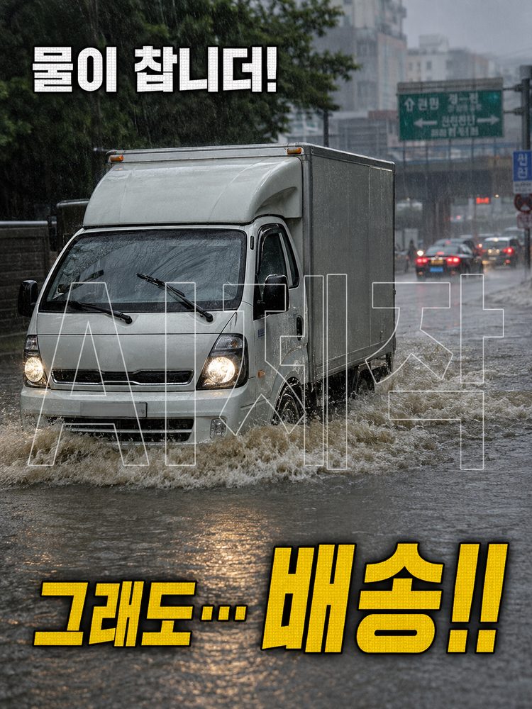 비가 내리는 도로를 계속 달리는 배송차량