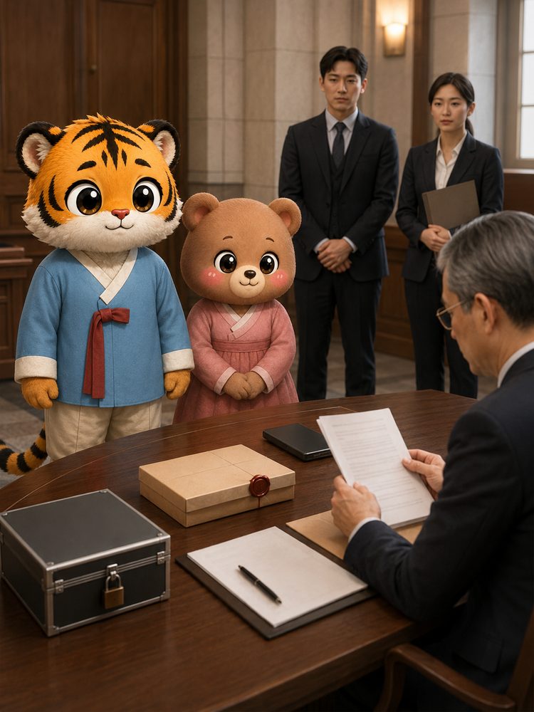 범이와 웅녀가 사고 관련 기록과 자료를 살펴보는 모습