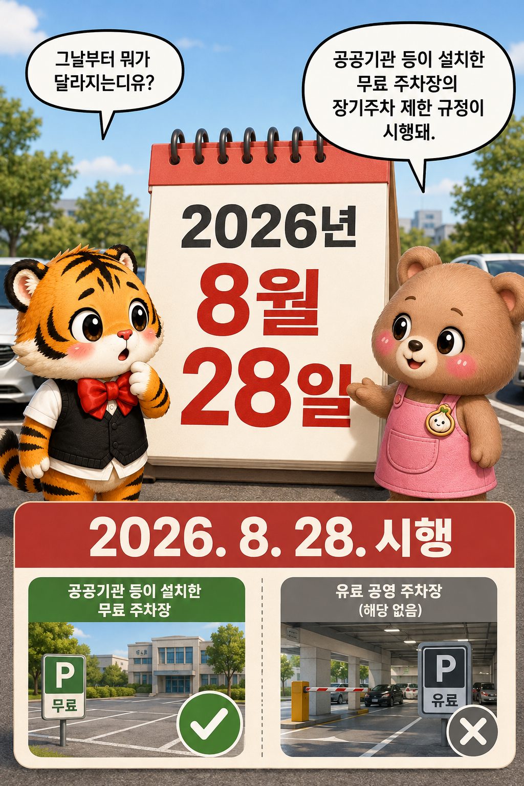 지난번에도 본 것 같은 차량을 발견한 범이와 장기주차라고 단정하면 안 된다고 설명하는 웅녀