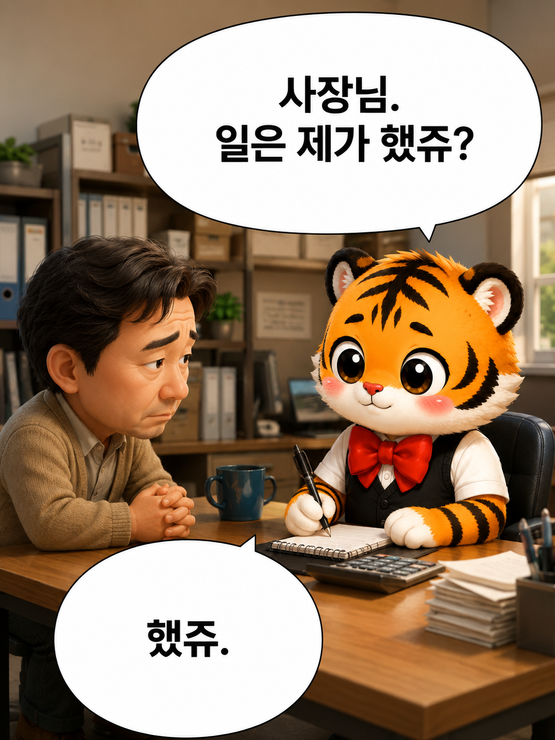 범이의 질문에 아무 말도 하지 못하는 사장