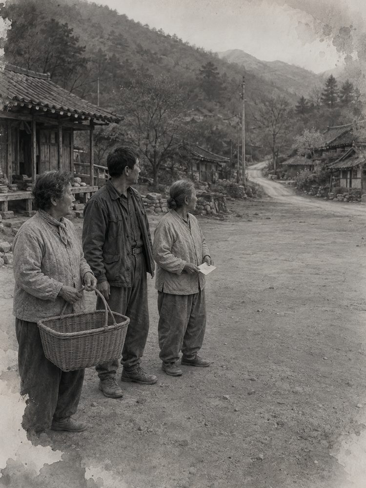 희망호가 오지 않는 빈 산길을 바라보며 기다리는 연화마을 사람들