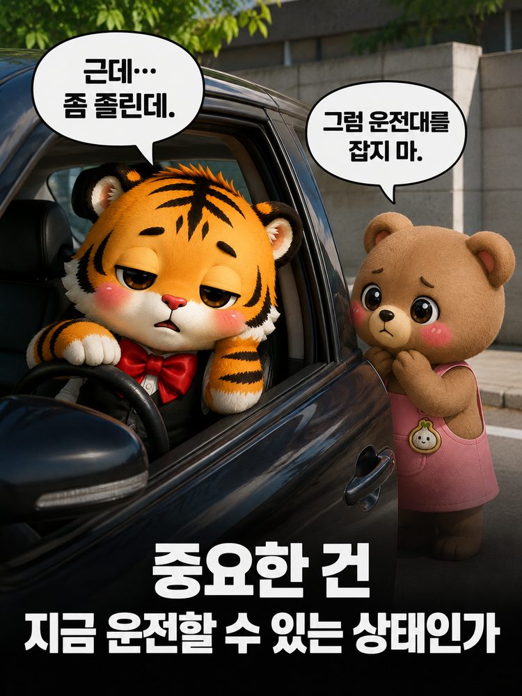 졸린 상태에서 운전대를 잡으려는 범이와 이를 말리는 웅녀