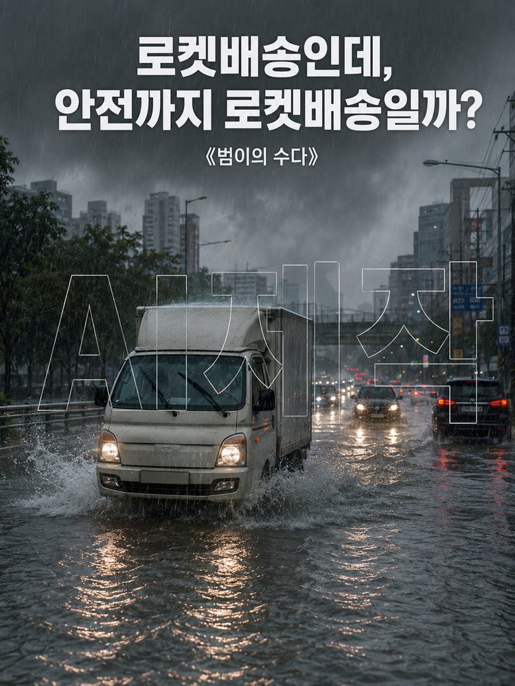 폭우로 물이 찬 도로를 달리는 배송차량