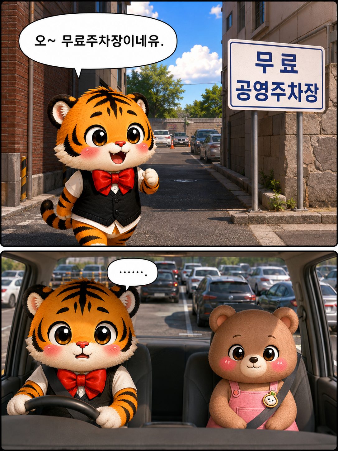 무료 공영주차장을 발견했지만 주차장이 가득 찬 모습을 보는 범이와 웅녀