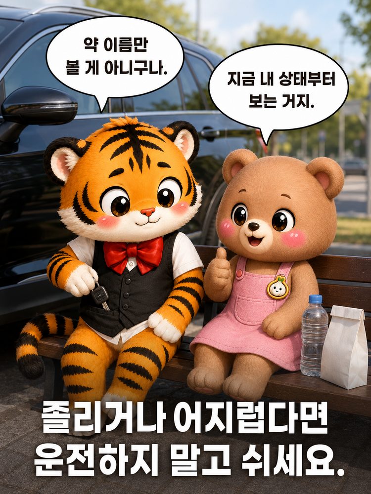 자동차 옆에서 자신의 현재 몸 상태가 중요하다는 것을 이해하는 범이와 웅녀