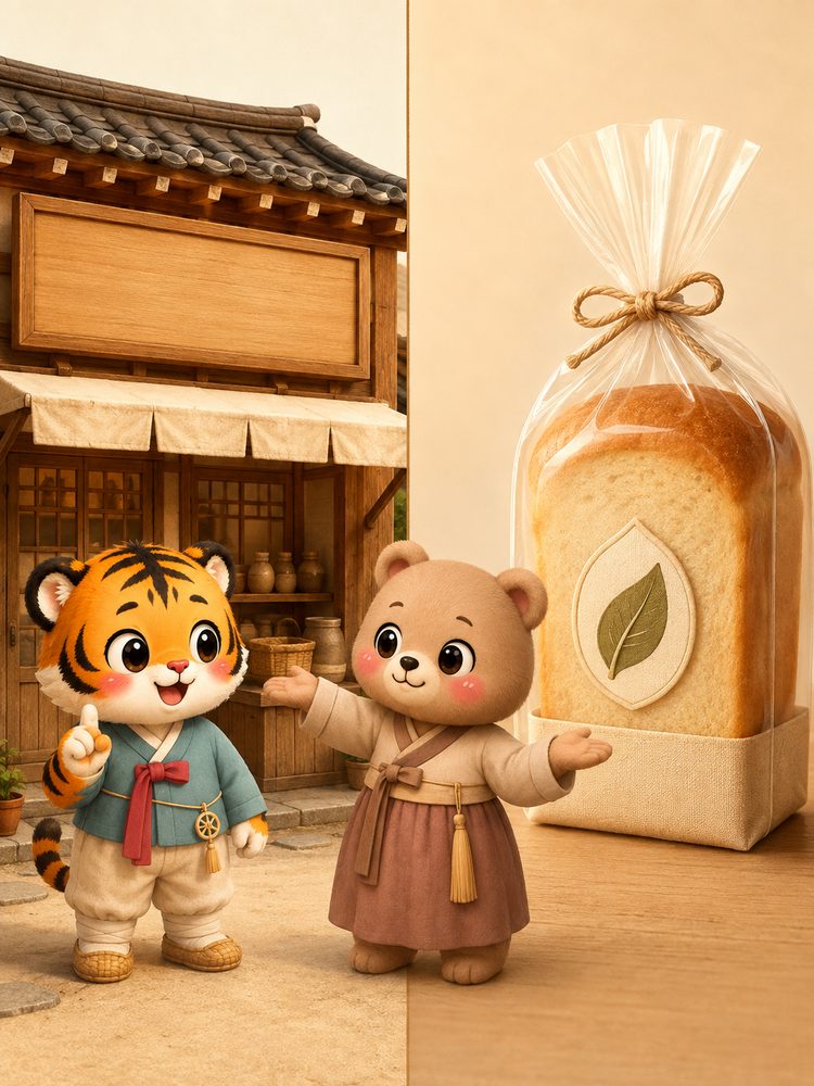 범이가 자신의 작은 가게 앞에 서 있고 호랑이 얼굴 모양이 새겨진 간판을 보여주는 장면