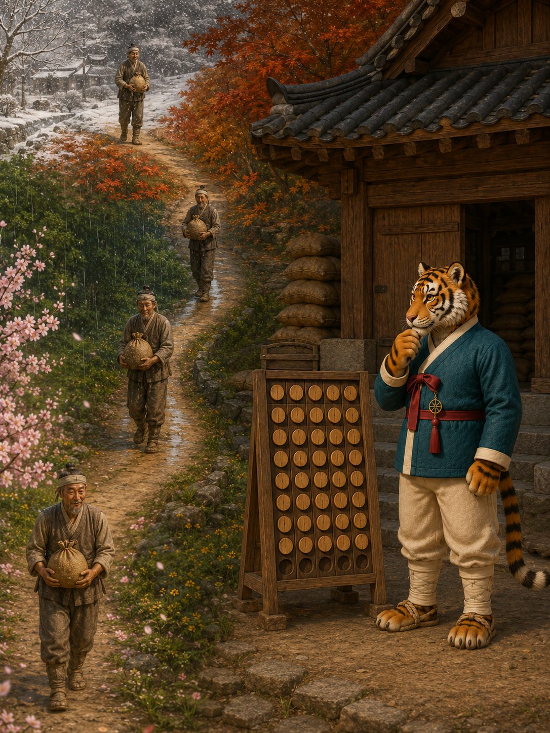 범이가 사람이 아니라 서로 다른 두 통로와 제도의 문턱을 바라보는 장면