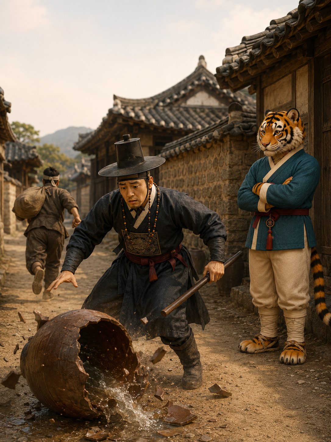 도둑을 쫓던 포졸이 장독을 깨뜨린 장면