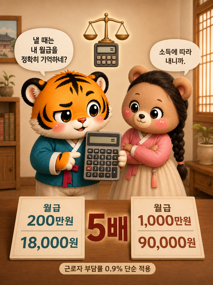 월급 200만원과 1000만원을 비교하며 실업급여 차이를 궁금해하는 범이와 웅녀