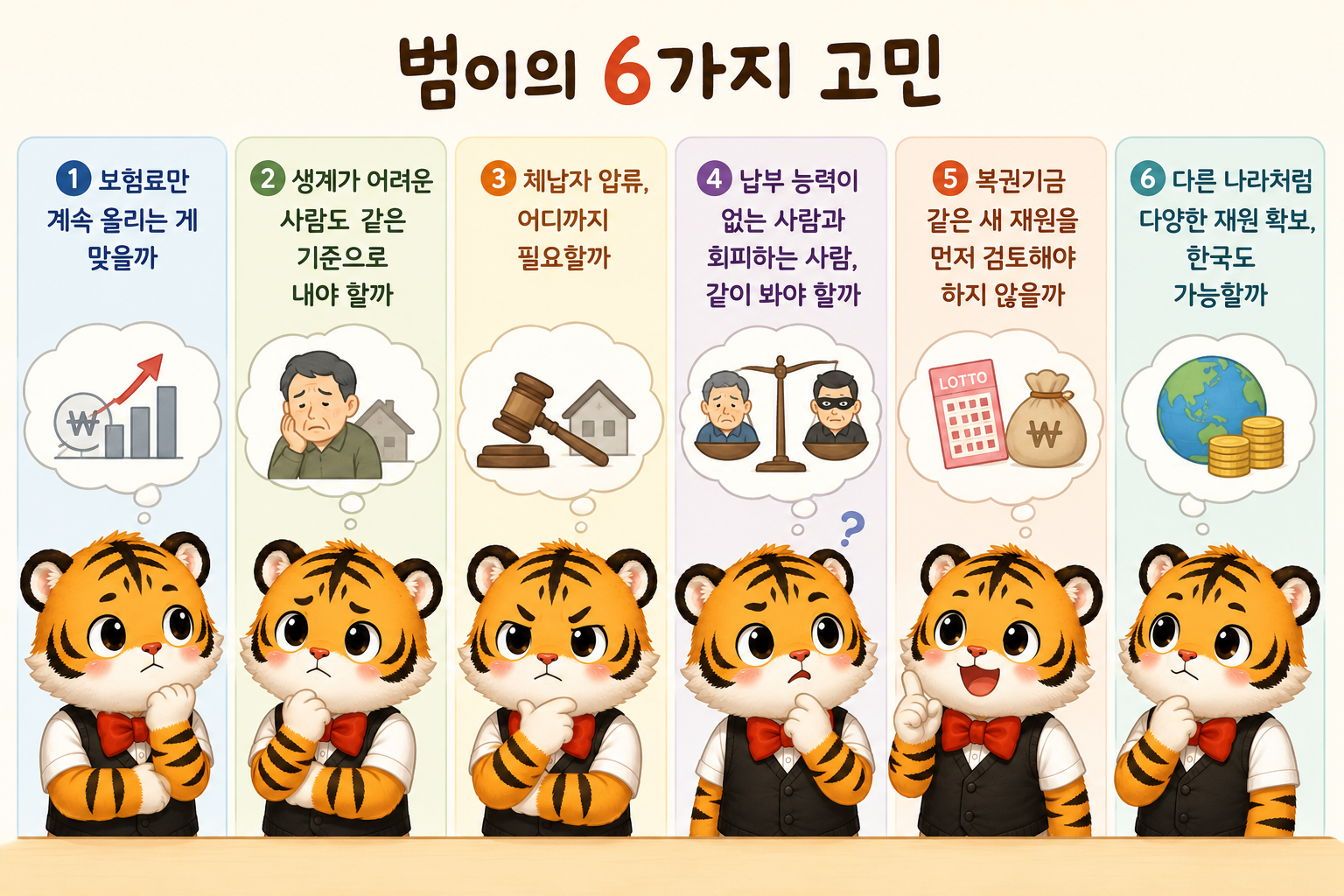 범이가 국민연금에 대한 여섯 가지 고민을 각각 다른 표정으로 짚어보는 6컷 인포그래픽 — 보험료 인상, 형평성, 압류, 납부능력, 복권기금, 해외사례