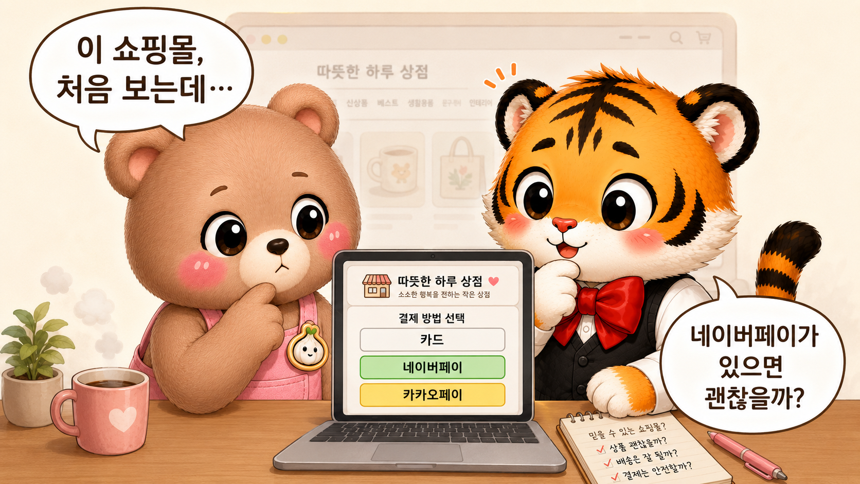 낯선 온라인 쇼핑몰의 결제창을 살펴보는 웅녀와 범이