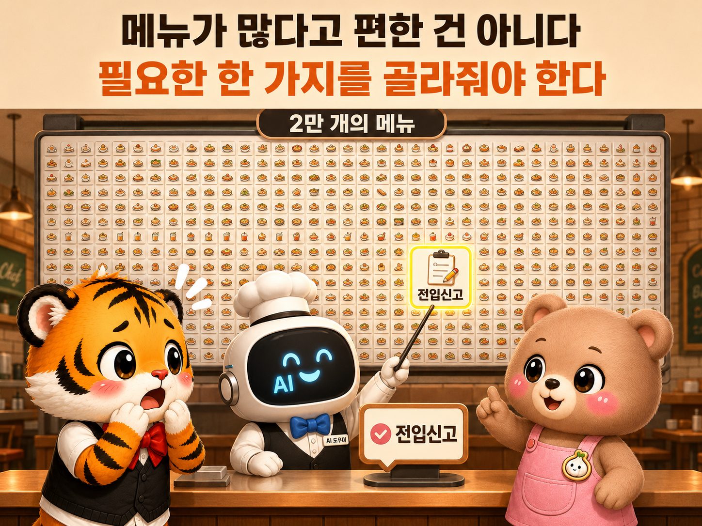 메뉴가 2만 개 있는 식당에서 AI가 필요한 민원 하나를 골라주는 장면