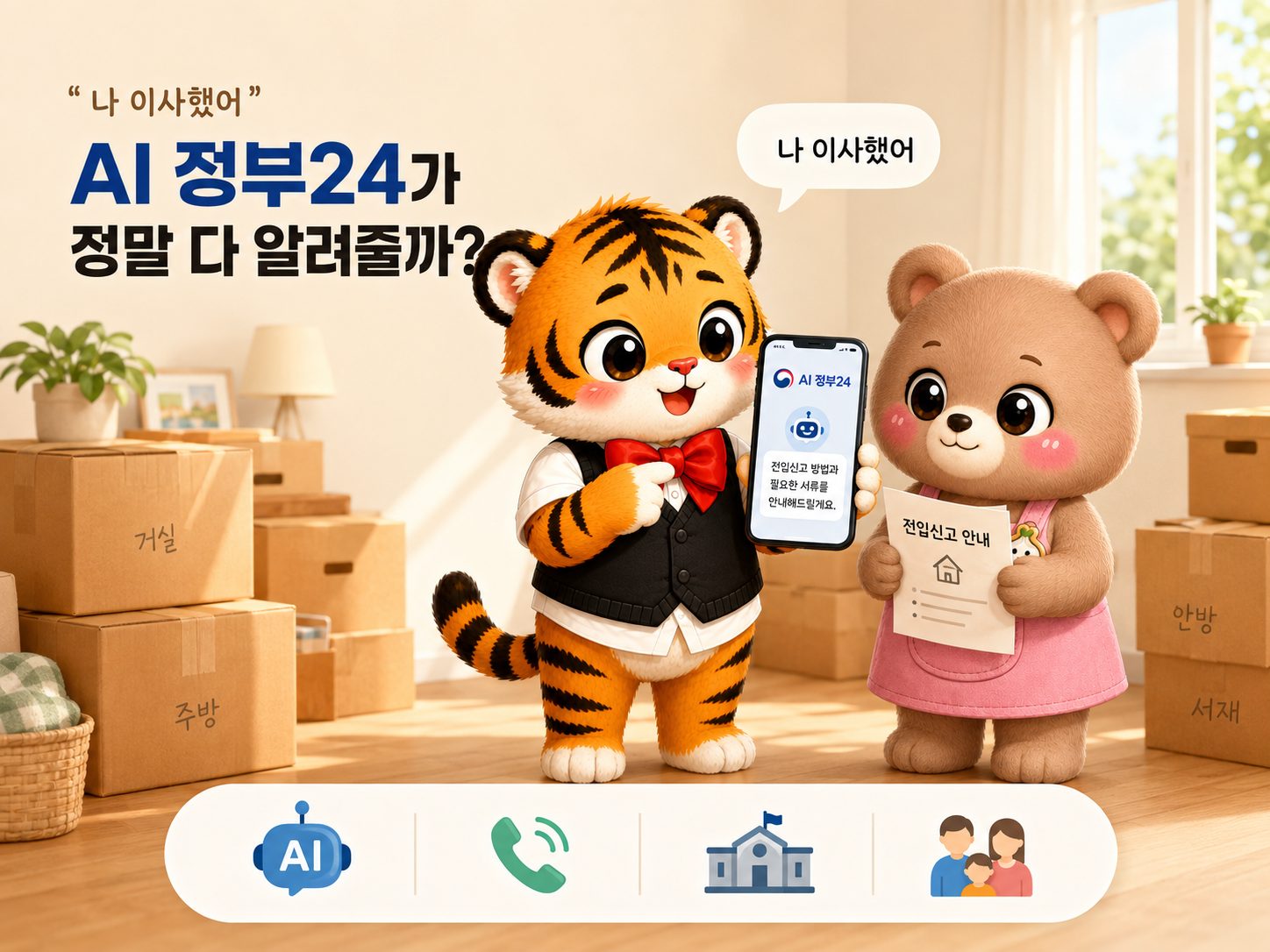 AI 정부24에 나 이사했어라고 말하는 범이와 전입신고 안내 서류를 든 웅녀