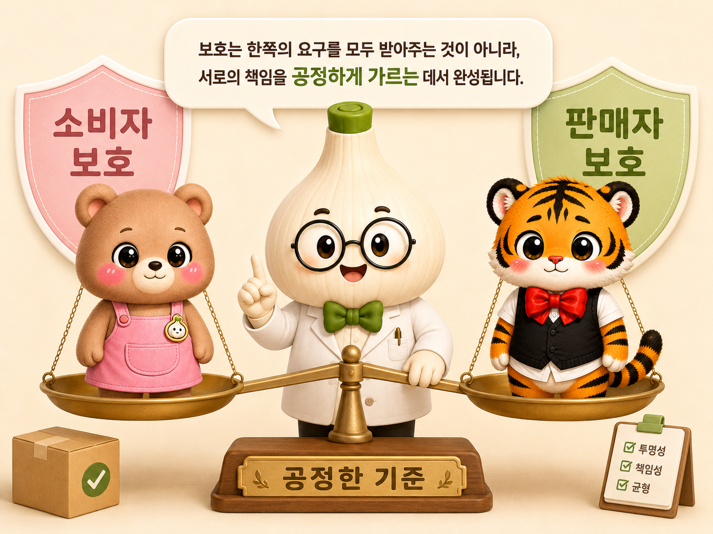 마르가 저울을 통해 소비자와 판매자의 공정한 보호를 설명하는 이미지