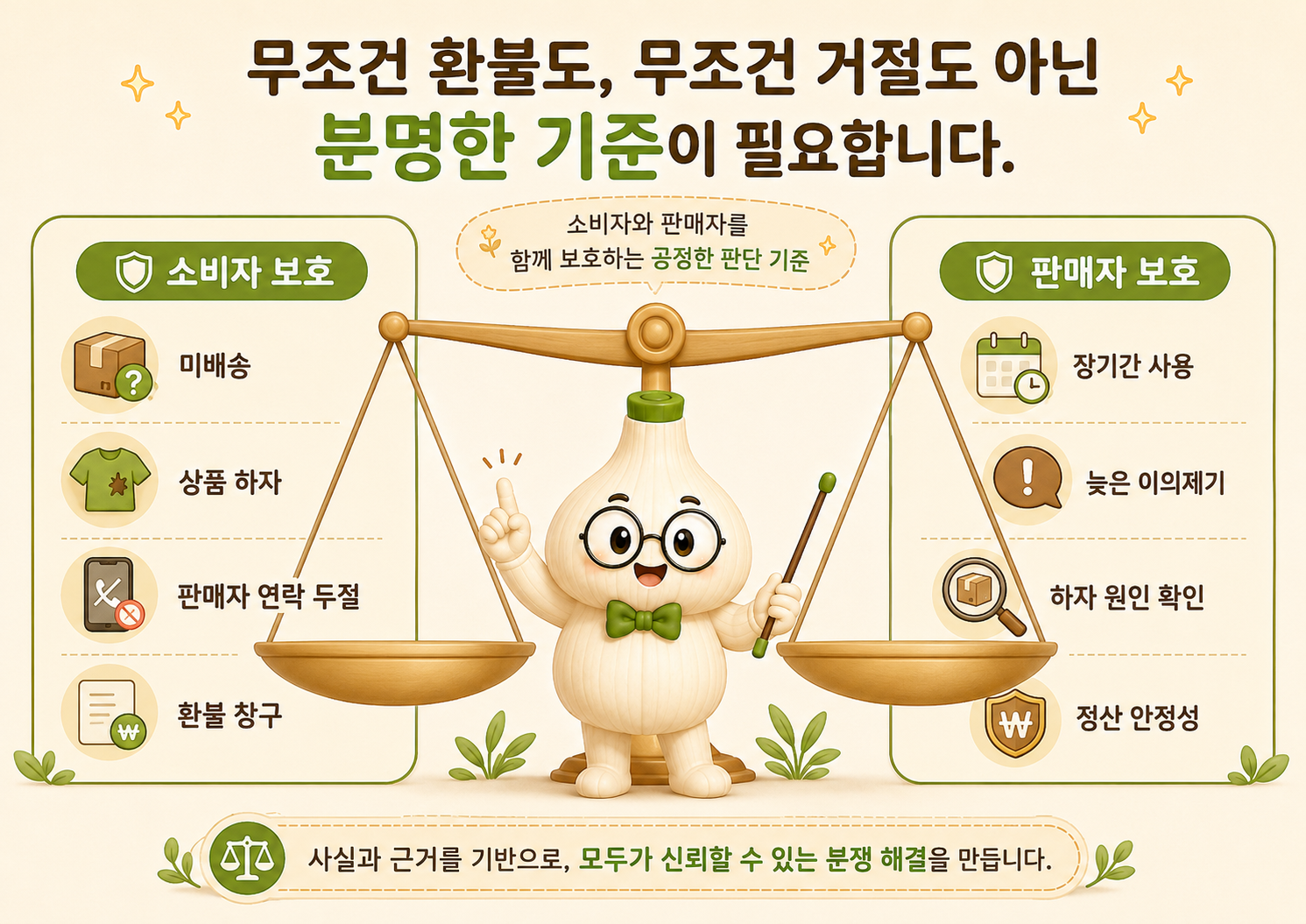 소비자 보호와 판매자 보호를 저울에 올려놓고 공정한 판단 기준을 설명하는 이미지