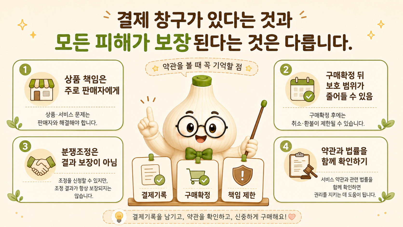 마르가 결제기록, 구매확정, 책임 제한과 약관의 보호 한계를 설명하는 이미지