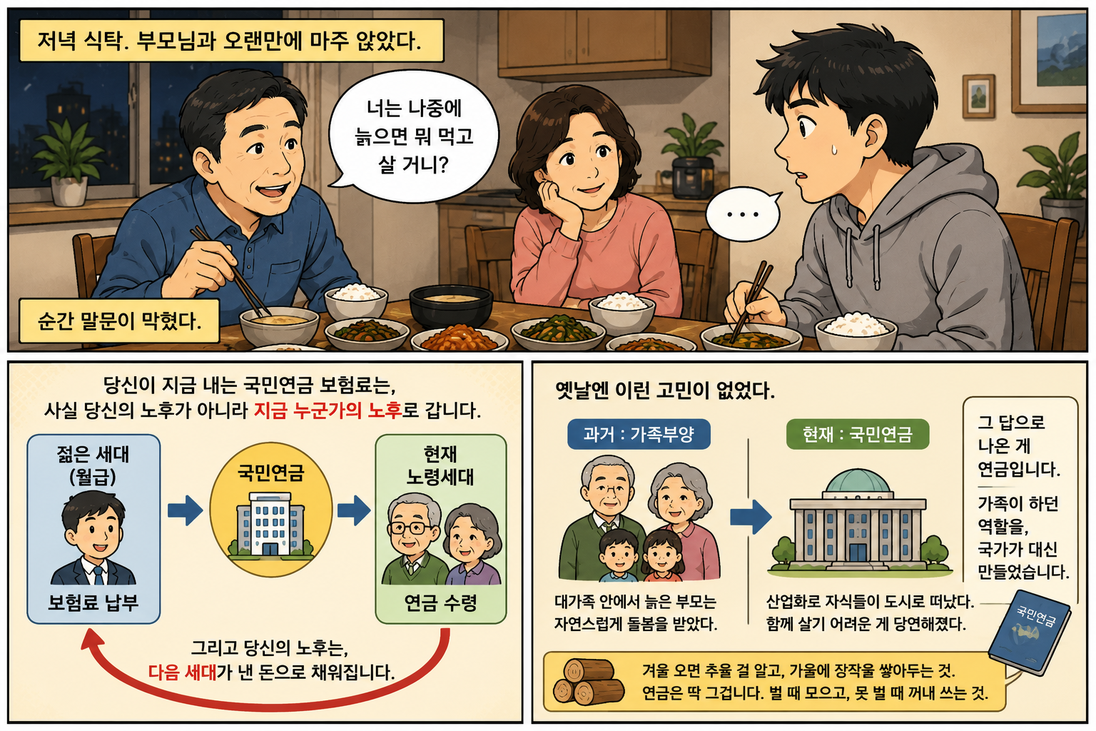 국민연금 시리즈 1회 도입 장면. 저녁 식탁에서 오랜만에 부모님과 마주 앉은 자리. 아버지가 "너는 나중에 늙으면 뭐 먹고 살 거니?"라고 묻고, 그 질문에 순간 말문이 막힌 순간을 담은 장면