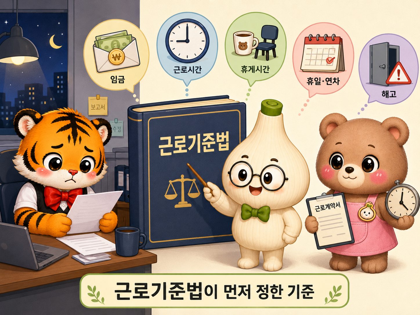 근로기준법이 임금, 근로시간, 휴게시간, 휴일과 연차, 해고의 최소 기준을 정한다는 안내 인포그래픽