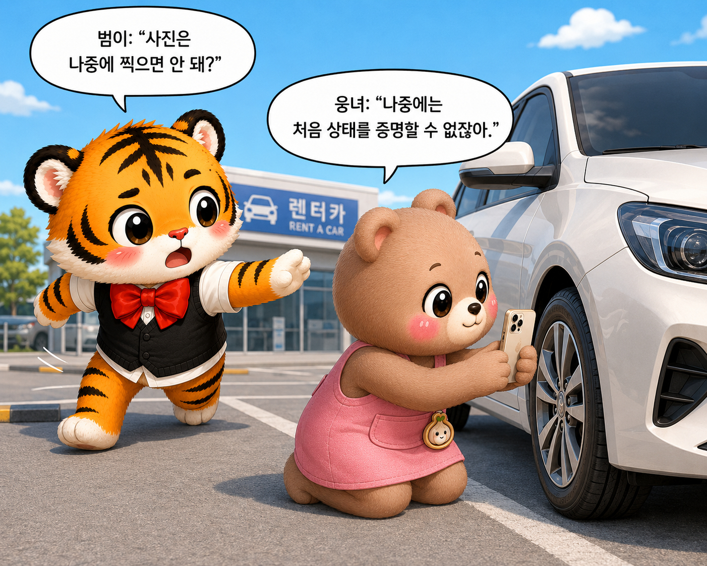 웅녀가 렌터카의 휠과 차량 외관을 촬영하고 범이는 급하게 출발하려는 장면
