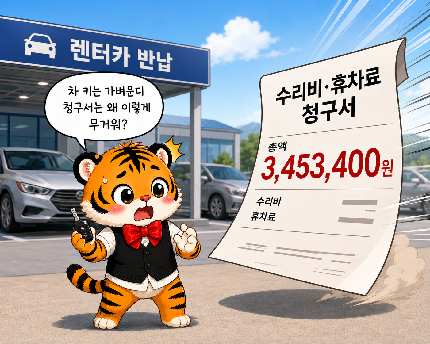 렌터카 반납 후 범이에게 수리비와 휴차료 345만 3,400원 청구서가 날아오는 장면