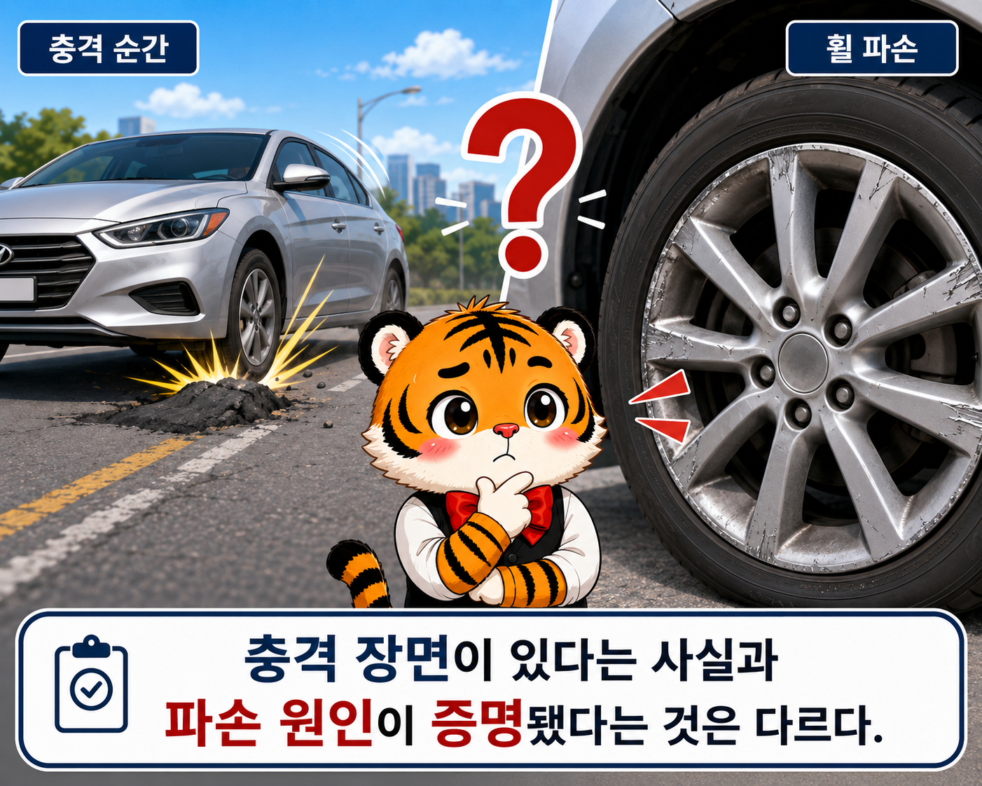 차량이 도로의 요철을 지나며 충격을 받는 장면과 휠 파손 사이에 물음표가 표시된 이미지