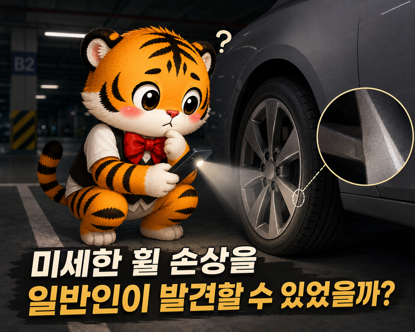 어두운 지하주차장에서 범이가 휴대전화 불빛으로 휠의 미세한 손상을 살펴보는 장면