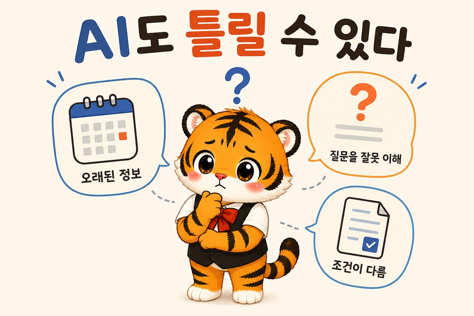 오래된 정보와 잘못된 질문 때문에 AI 답변이 틀릴 수 있음을 보여주는 이미지