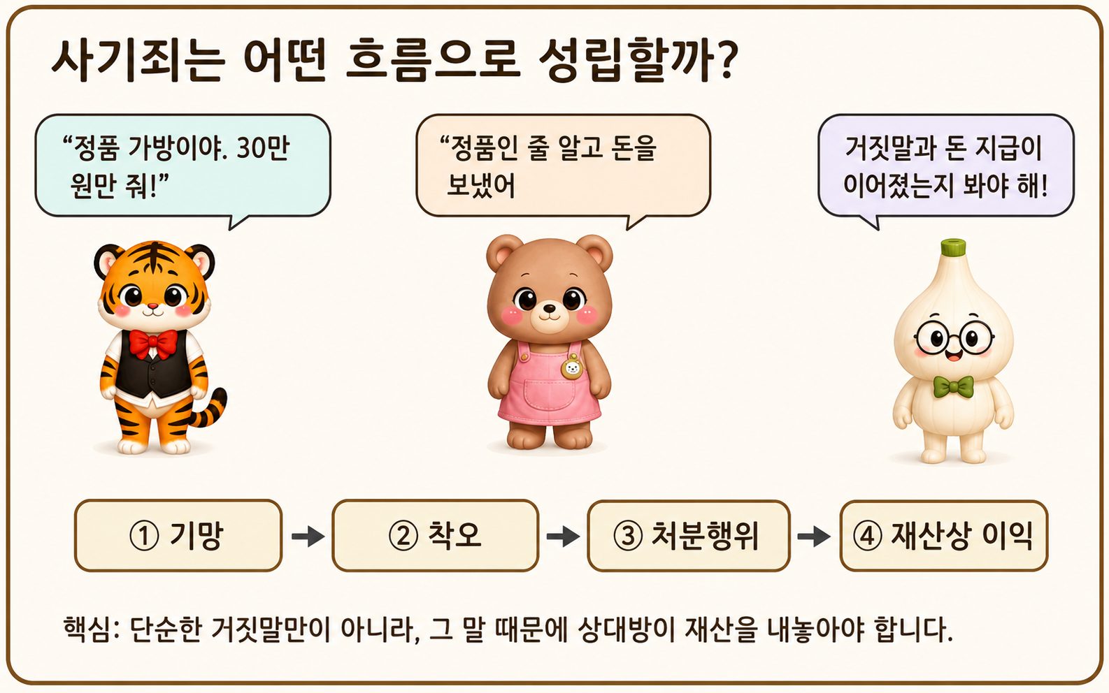 사기죄가 속이는 행동에서 상대방의 착오와 재산 지급으로 이어지는 성립 과정