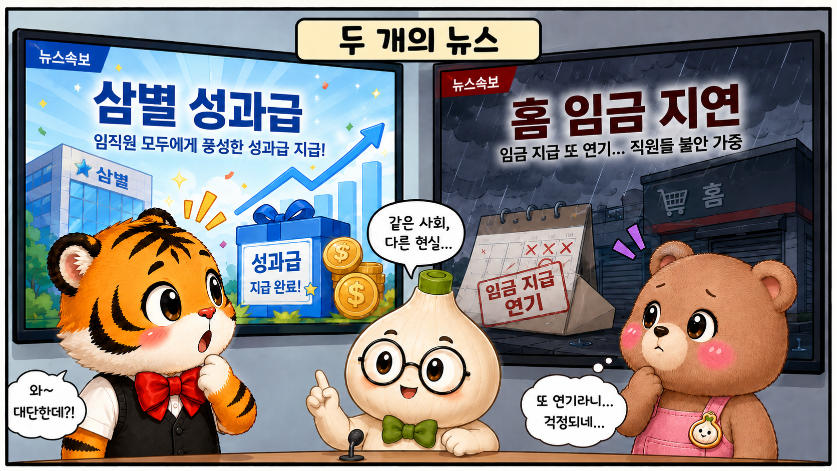 성과급 소식과 임금 지연 소식을 바라보는 범이 웅녀 마르