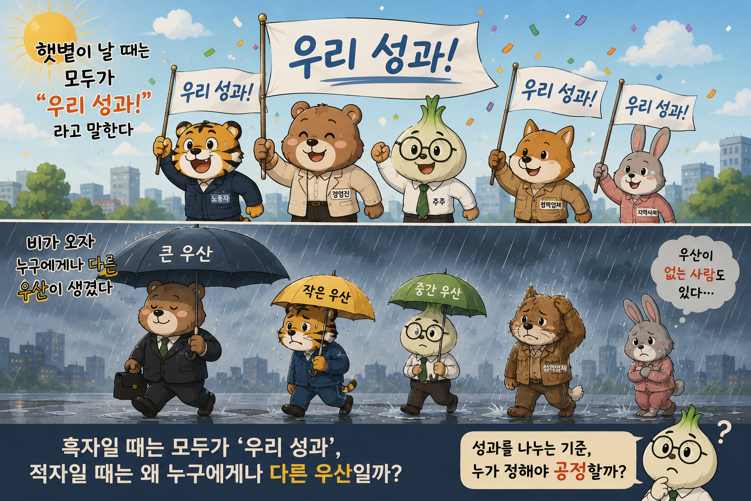 햇볕에는 모두 우리 성과 깃발을 들고 비가 오면 서로 다른 우산을 쓰는 풍자