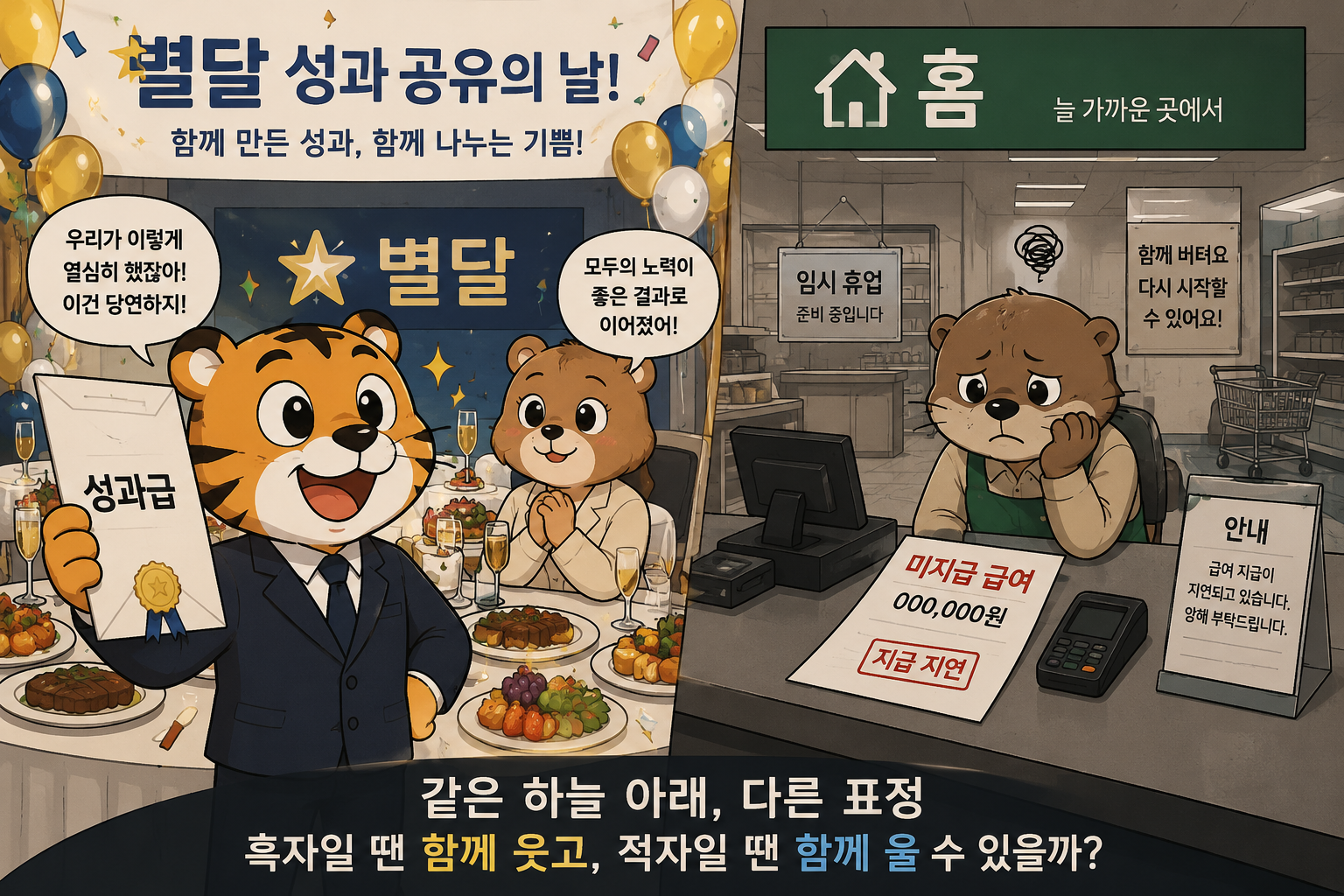 별달의 성과급 잔치와 홈 계산대의 미지급 급여를 대비한 장면