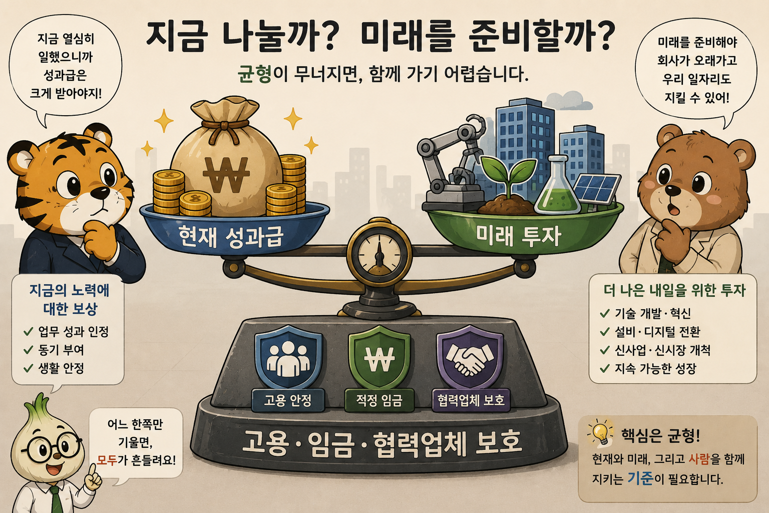 현재 성과급과 미래 투자 아래에 고용 임금 협력업체 보호 받침대가 놓인 저울