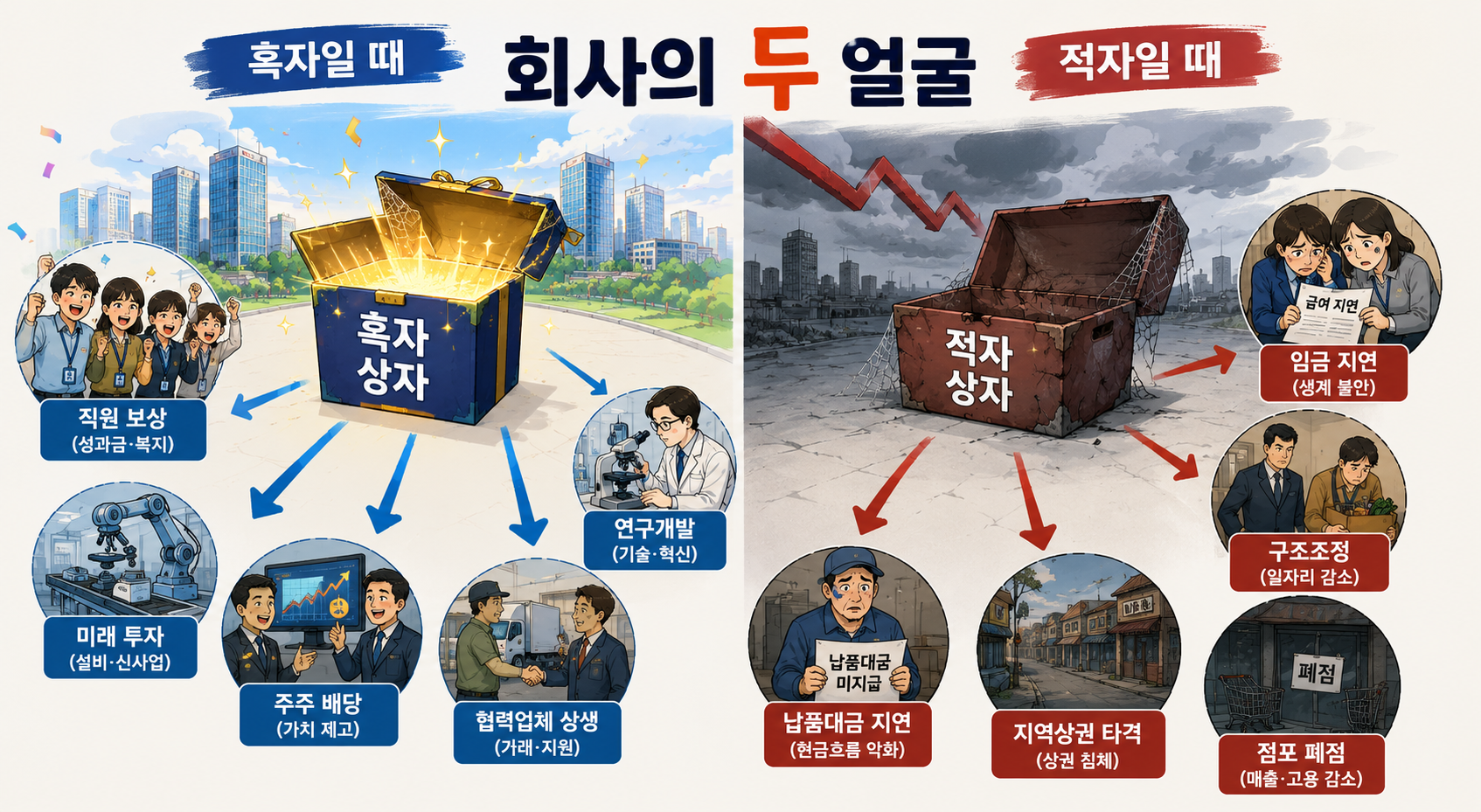 흑자와 적자가 회사와 주변 사람에게 미치는 영향을 비교한 그림