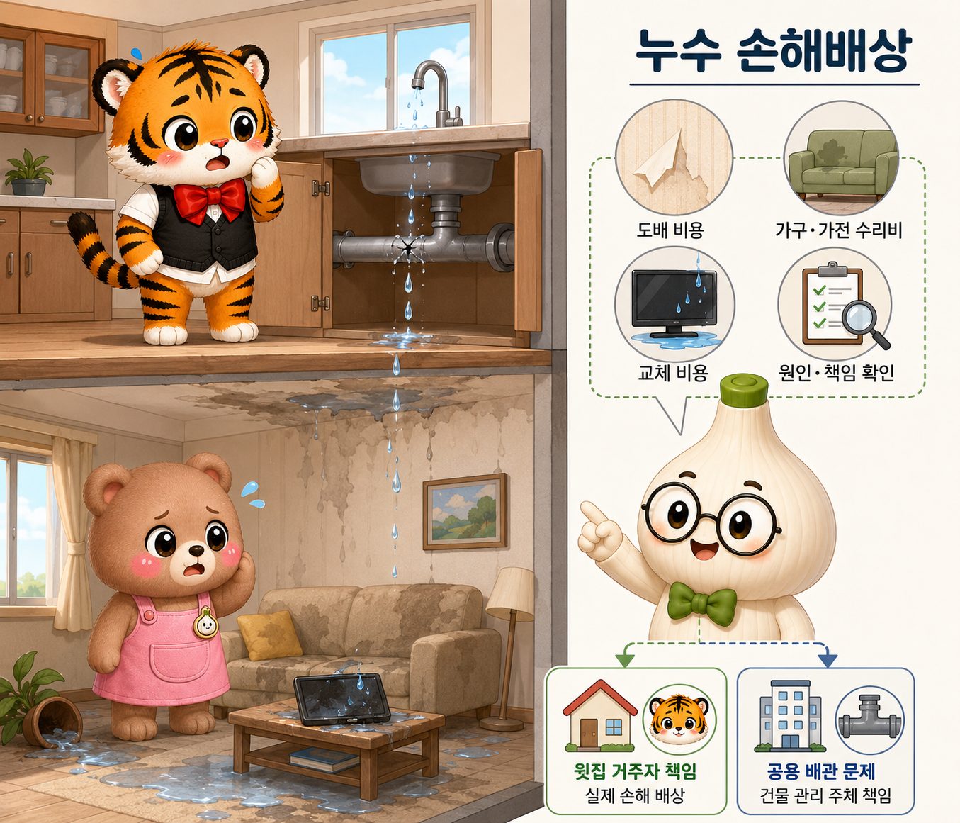 윗집 배관 누수로 아랫집 천장과 벽지, 가구와 전자제품이 젖은 경우의 손해배상