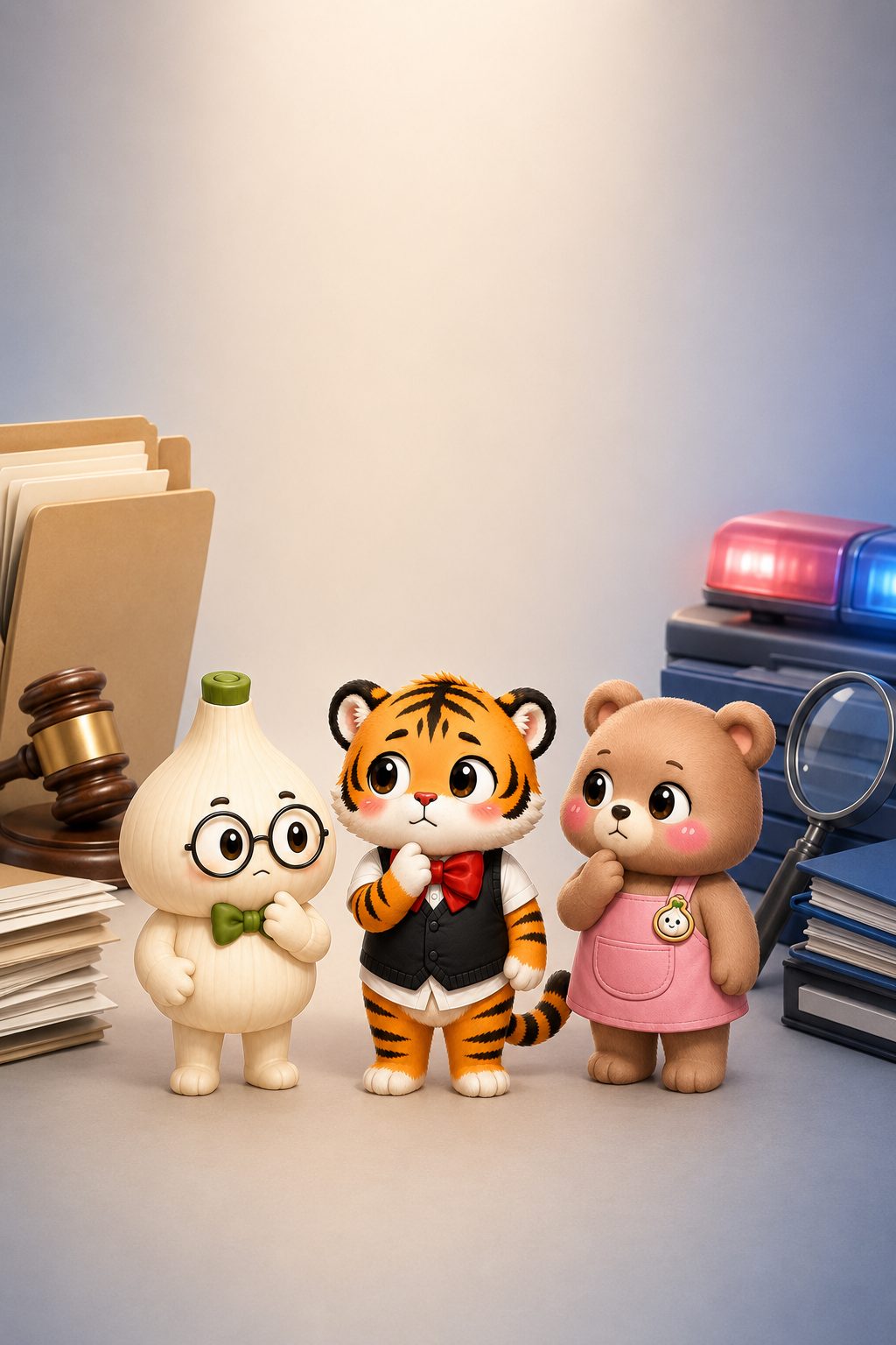 수사 기록과 법률 서류를 함께 검토하는 범이, 웅녀, 마르