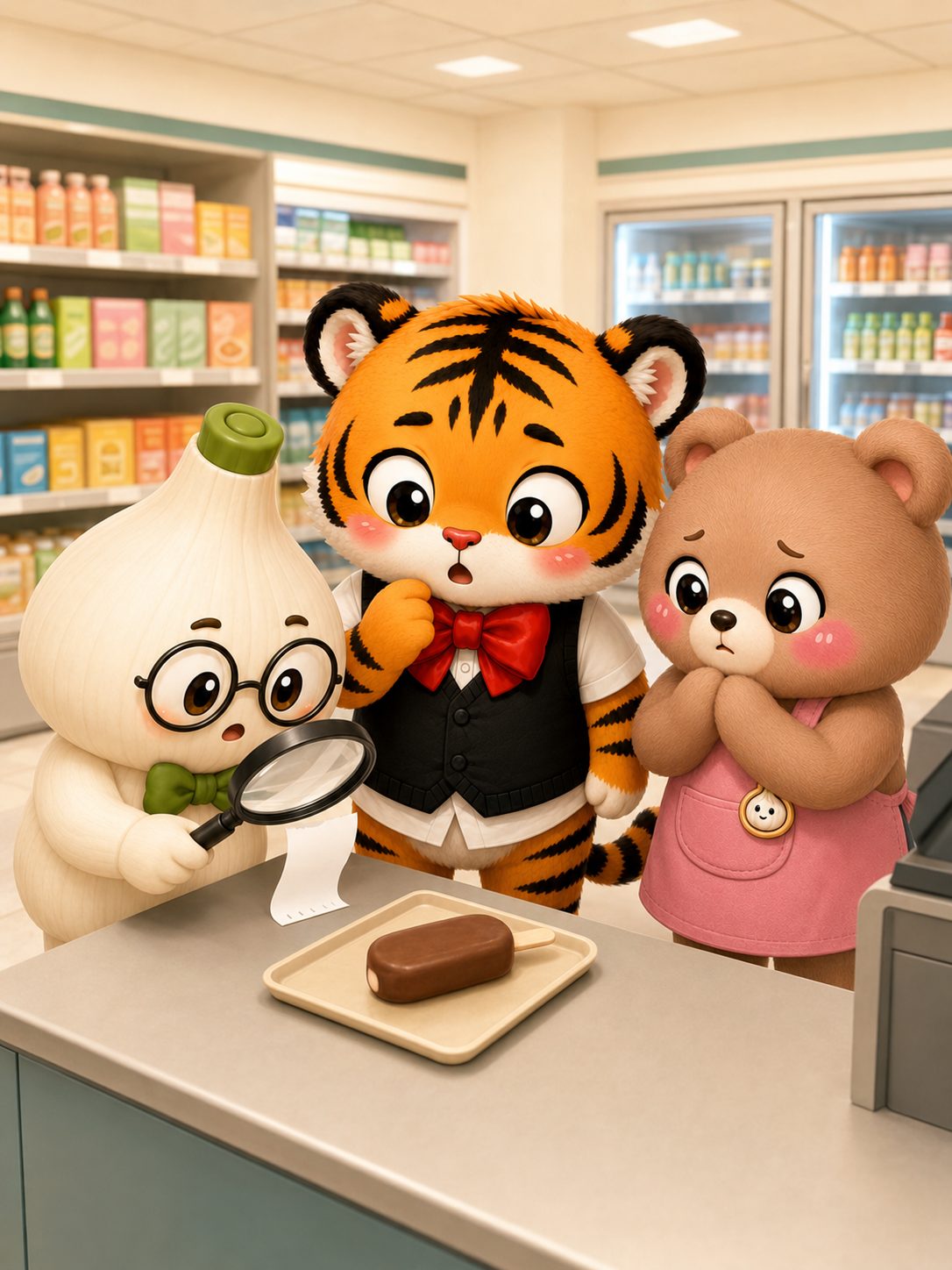 편의점에서 아이스크림과 영수증을 꼼꼼하게 살펴보는 범이, 웅녀, 마르