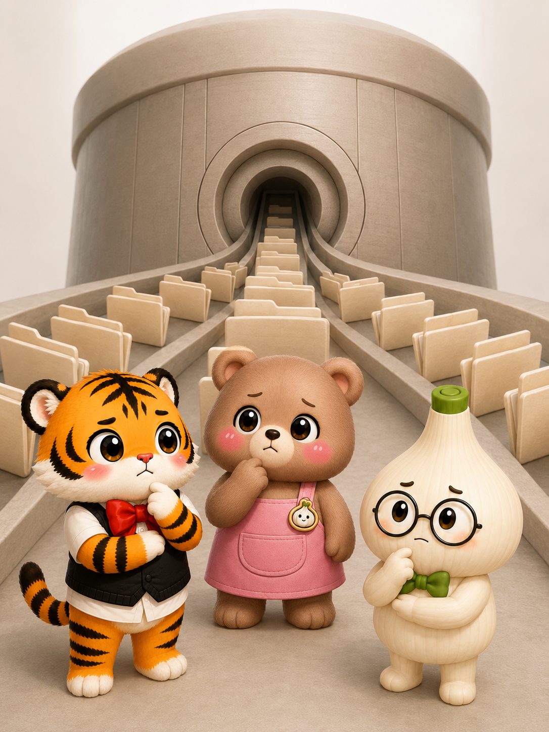 수많은 사건 기록이 하나의 수사 창구로 몰려가는 모습을 바라보는 세 캐릭터