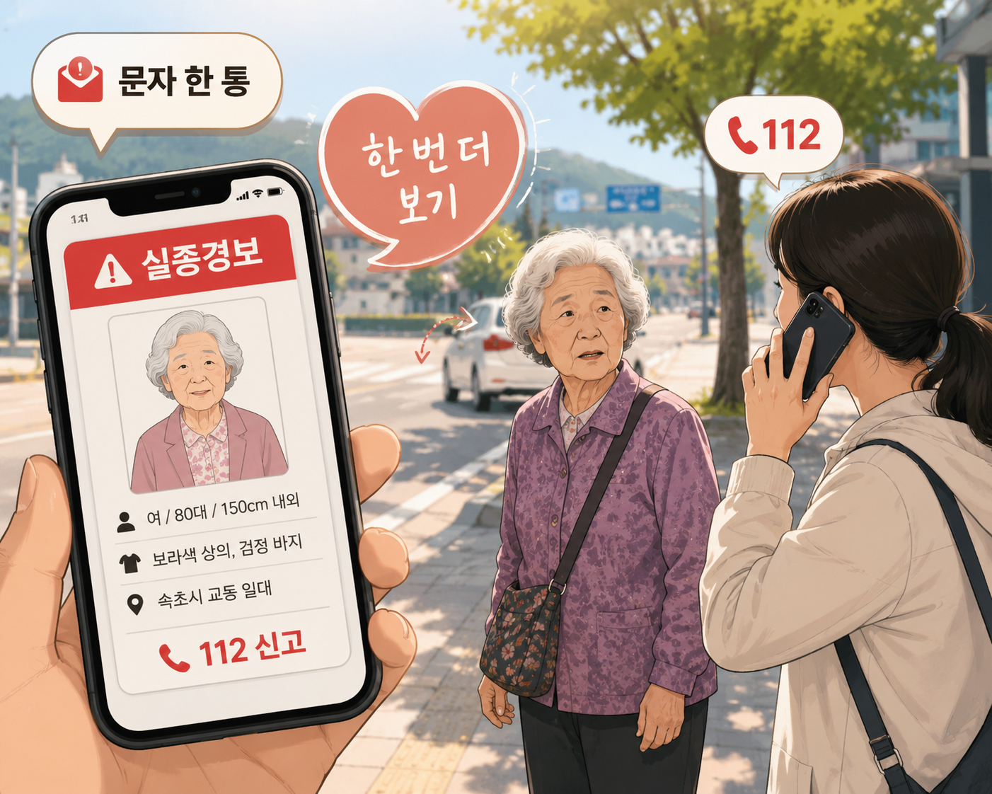 휴대전화에 실종경보 문자가 뜨고 거리에서 시민이 문자 속 인상착의와 비슷한 어르신을 발견해 112에 신고하는 장면