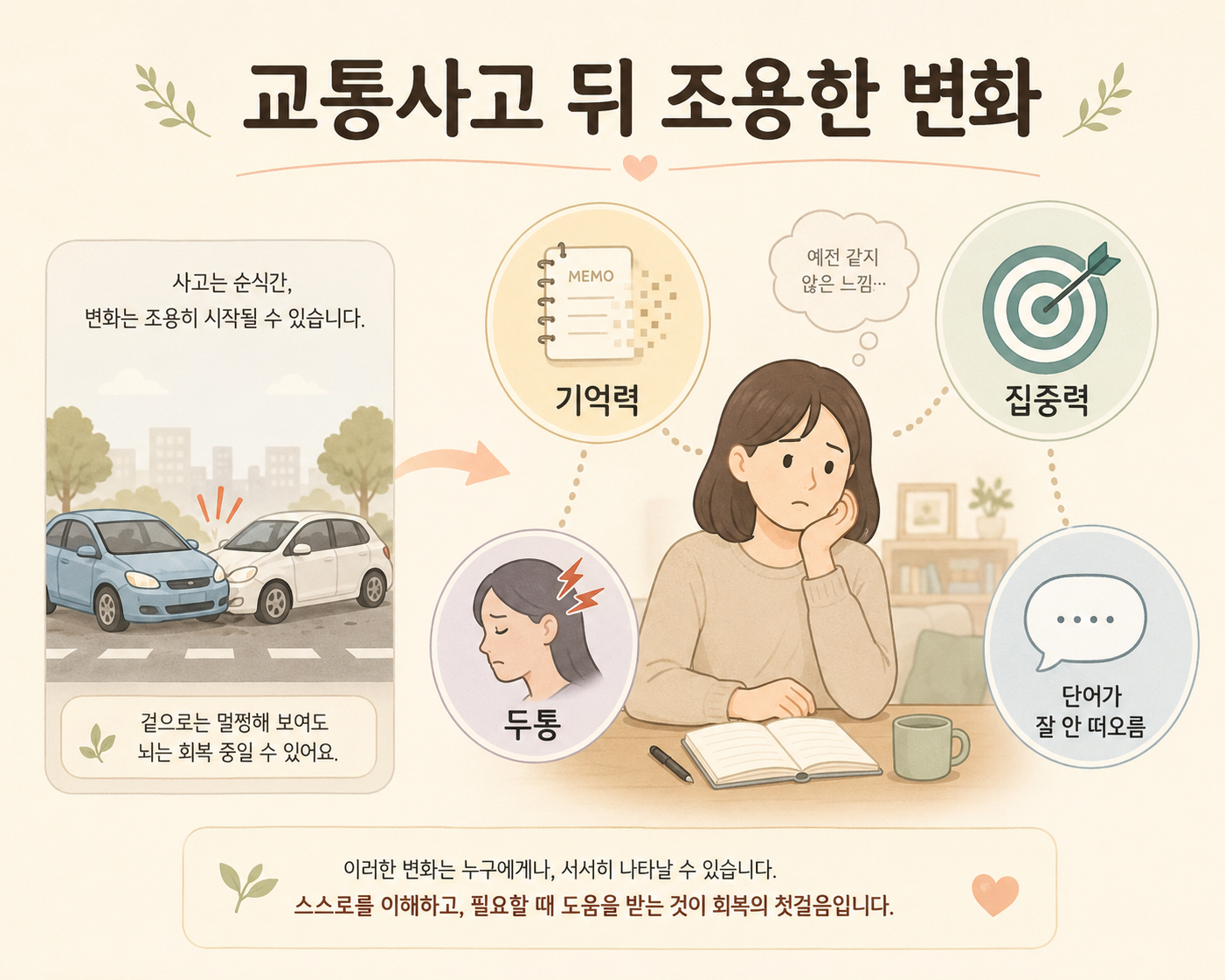 교통사고 뒤 기억력 집중력 두통 단어가 잘 떠오르지 않는 변화를 아이콘으로 연결한 인포그래픽