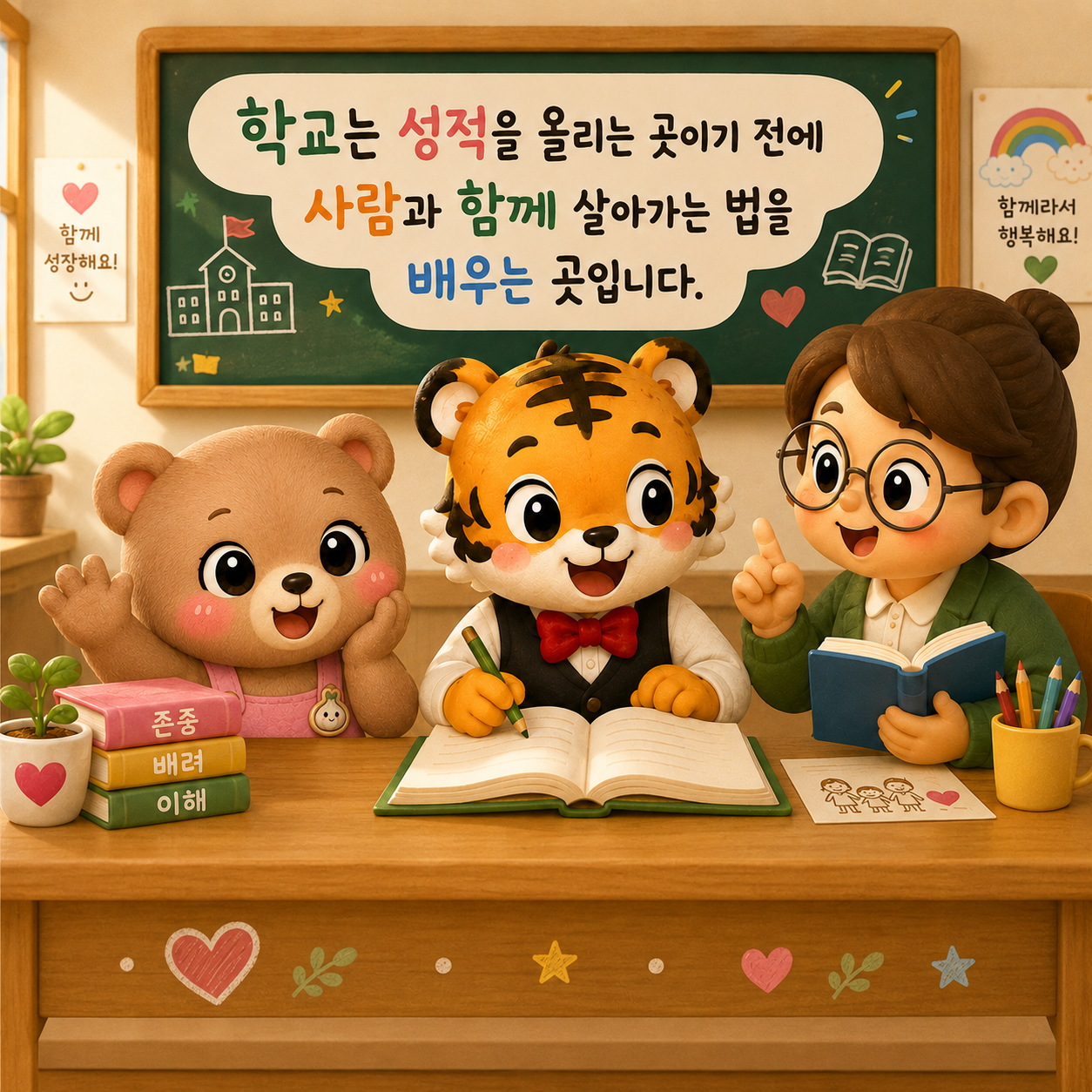 학교는 사람과 함께 살아가는 법을 배우는 곳이라는 내용을 담은 교실 이미지