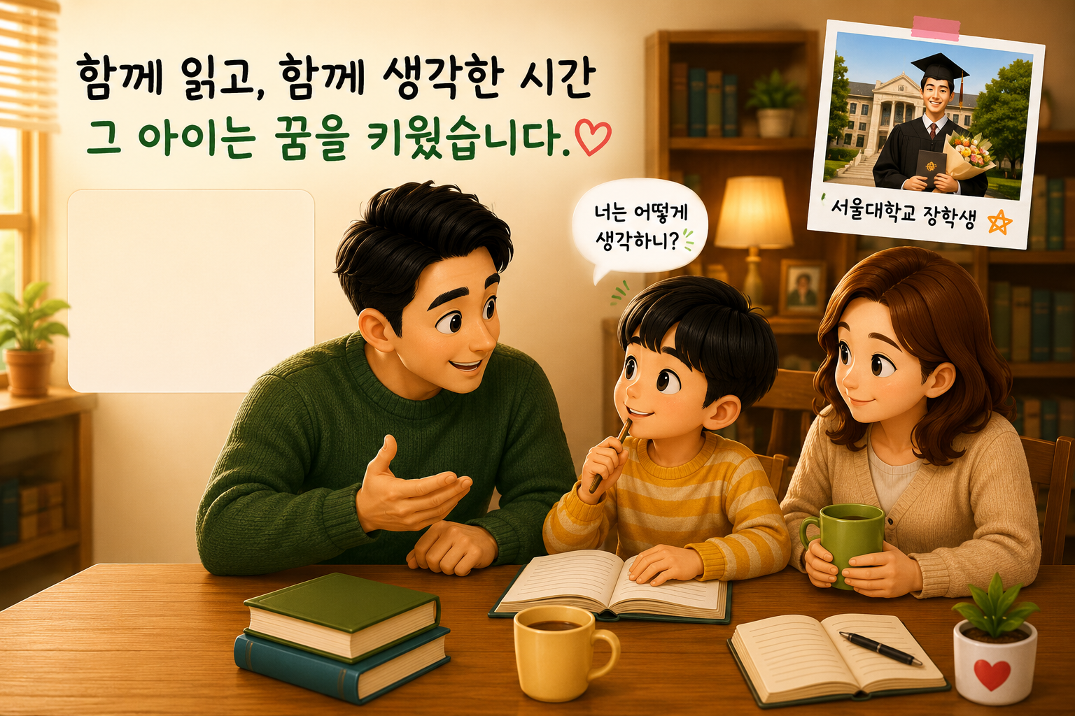 부모와 아이가 함께 책을 읽고 생각을 나누는 모습