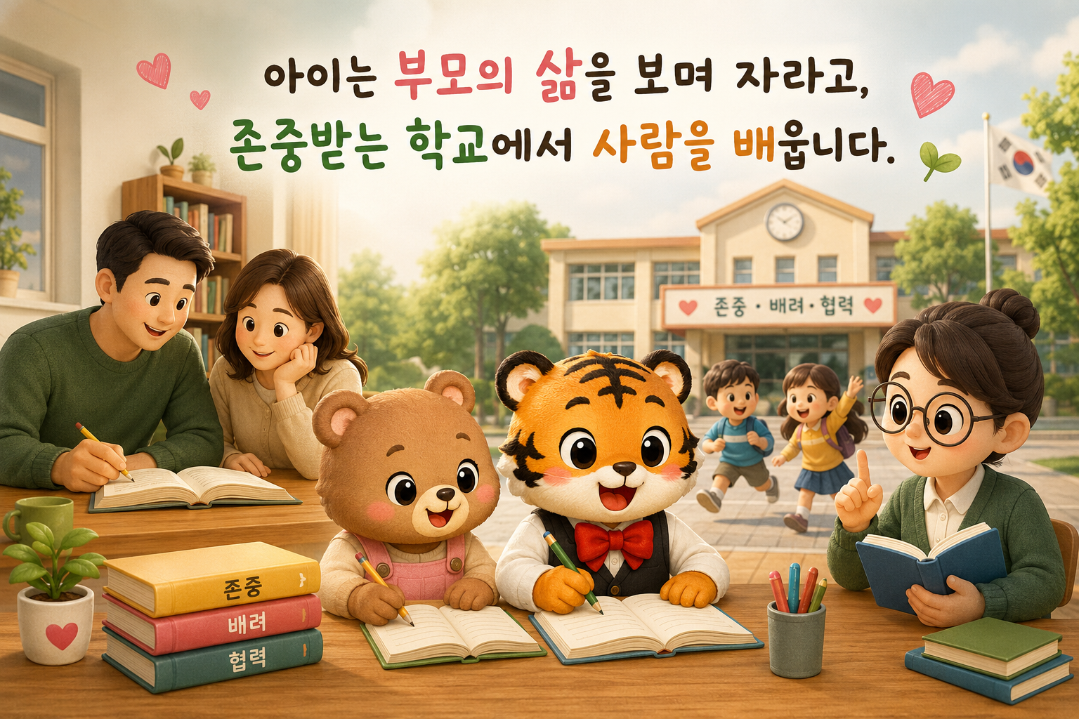 아이는 부모의 삶을 보며 자라고 존중받는 학교에서 사람을 배운다는 메시지