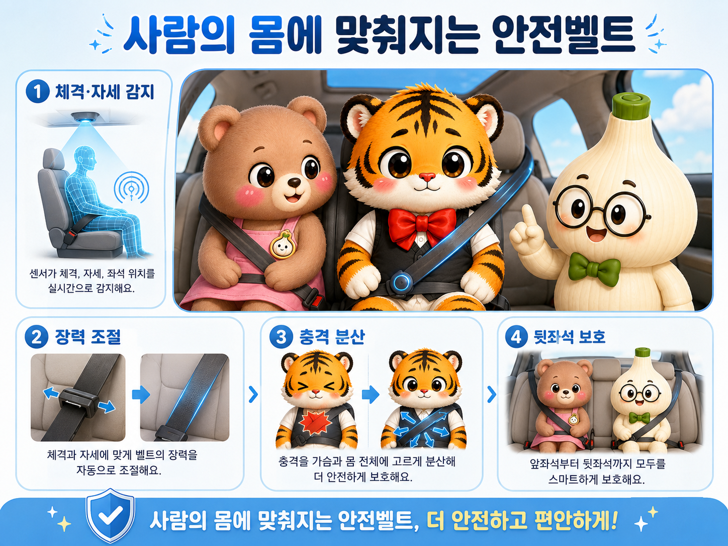 탑승자의 체격과 자세 감지, 장력 조절, 충격 분산, 뒷좌석 보호 기능을 보여 주는 스마트 안전벨트 그림