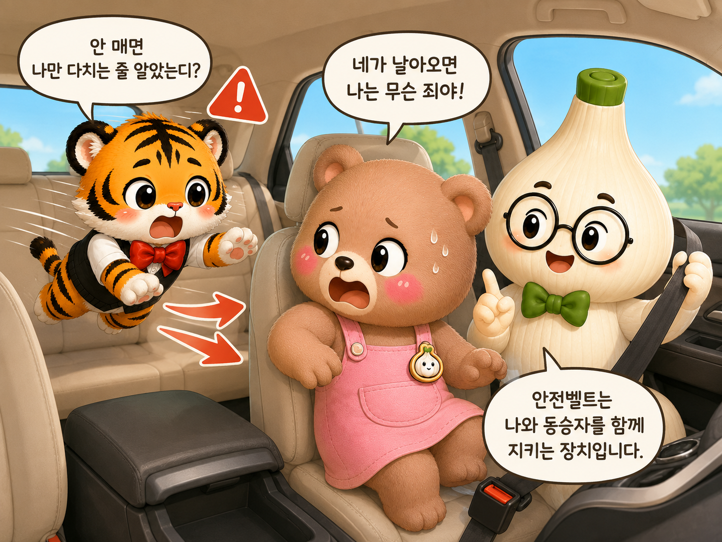 안전벨트를 매지 않은 범이가 뒷좌석에서 앞으로 튕겨 나오자 웅녀가 놀라고 마르가 안전벨트의 역할을 설명하는 장면
