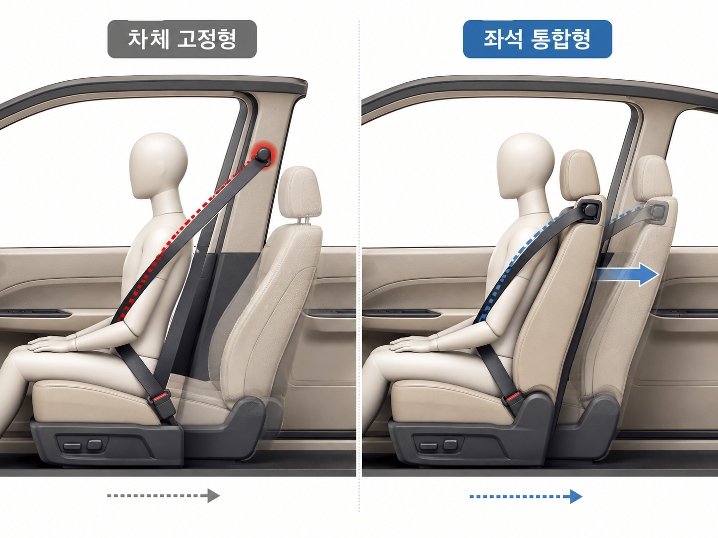 차체 기둥에 고정된 안전벨트와 좌석 또는 등받이에 통합된 안전벨트의 각도를 비교한 그림