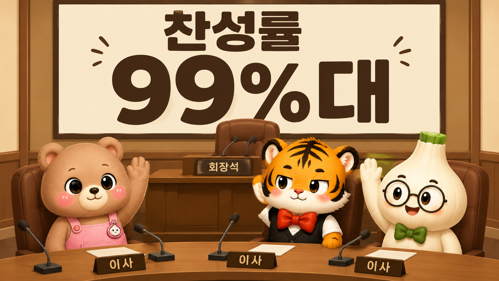 사외이사들이 이사회에서 거의 모두 찬성하는 모습을 풍자한 카드